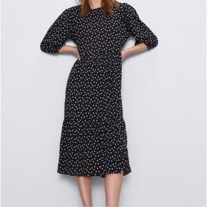 Zara Polka Dot Midi Dress Black White Ruffle Hem 3/4 Sleeve Size S